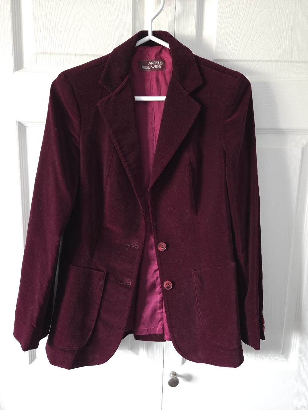 Vintage 80s Angels Wing Burgundy Velvet Single-Breasted, 2 Button Blazer Size 7